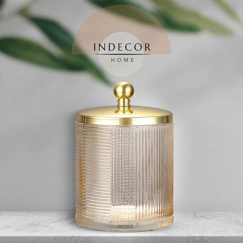 Tan Colored Tranlucent Apothecary Ribbed Geometric Etched Glass Jar W