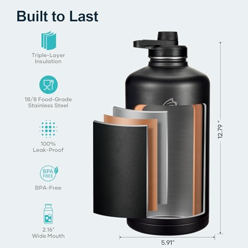 1 Gallon Water Bottle Insulated with Straw & 3 Lids