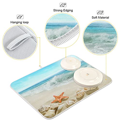 Summer Beach Dish Drying Mat 16 x 18 Inch Sea Wave Shells Starfish Drying Mat with High Absorbent Reversible Microfiber Kitchen Mat Dish Rack Pad Dish Drainer Mat Kitchen Counter Coffee Bar