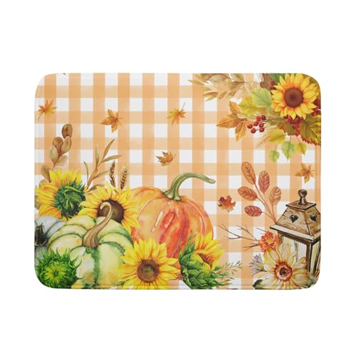 Autumn Maple Leaf Orange White Check Plaids Dish Drying Mat for Kitchen Counter