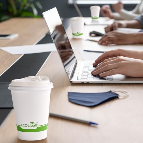 100 Count 12 oz Compostable Paper Coffee Cups with CPLA Lid