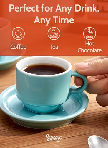 4 Ounce Porcelain Stackable Espresso Cups with Saucers and Metal Stand Set of 4 (4 Count)