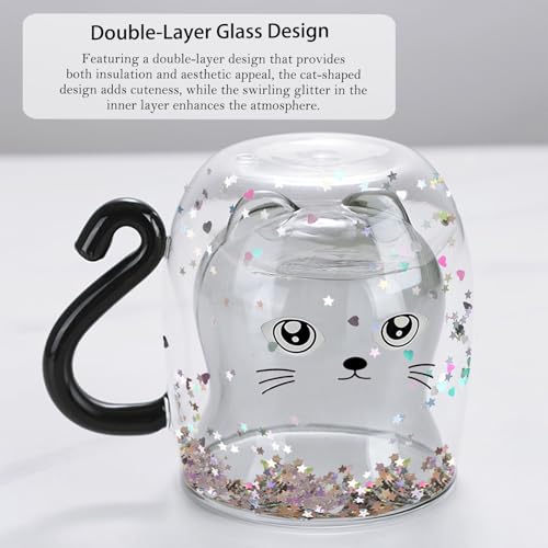 Glittery Black Cat Double Walled Glass Coffee Latte Cup