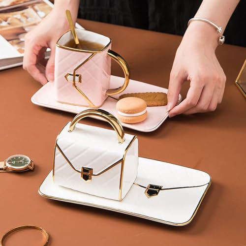 Ceramic Purse Coffee Mugs Set Tea Cup Unique Bag shaped mug and Saucer Set with Spoon and Saucer For Women Thanksgiving Christmas Gifts
