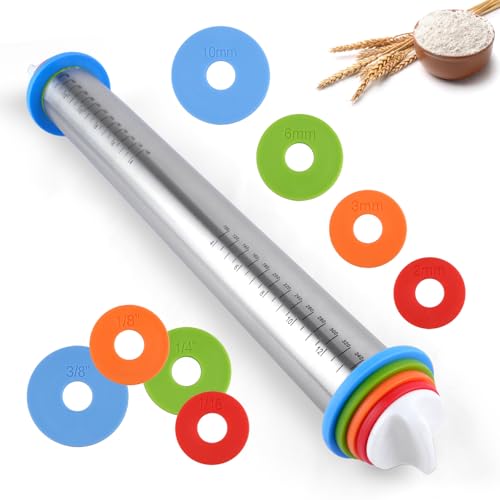 Adjustable Rolling Pin with 4 Thickness Rings for Baking