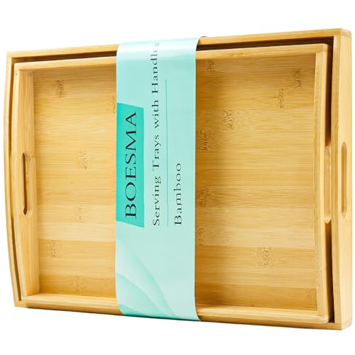 Set of 2 Bamboo Serving Trays with Handles