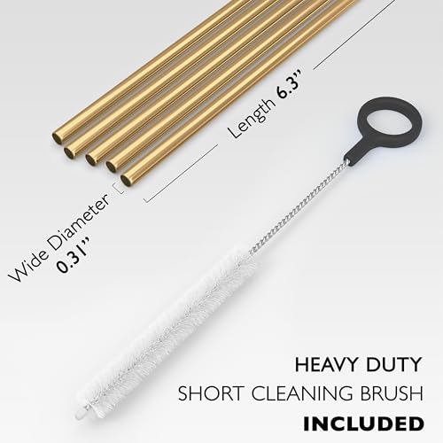 5 Short Stainless Steel Straws with Cleaning Brush. 6.3" Long Metal Cocktail Straws Reusable (5 Count)
