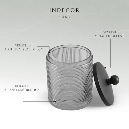 Gray Colored Tranlucent Apothecary Ribbed Geo Etched Glass Jar W