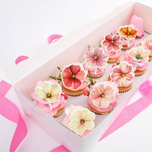 50Pcs Edible Flower Cupcake Toppers Wafer Paper Spring Bridal Engagement Baby Shower Birthday Party Cupcake Picks Anniversary Party Decorations Supplies Rose Red (50 Count)