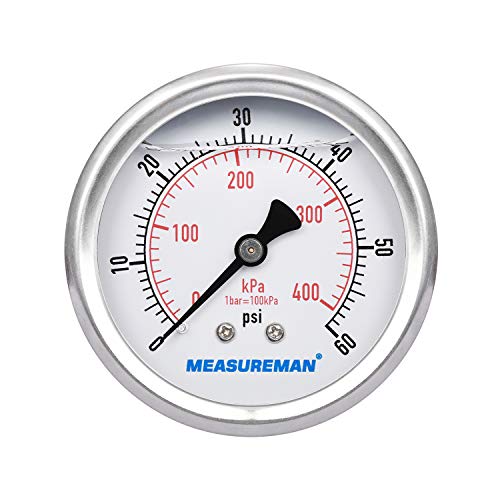 2-1/2inch Dial Size, Liquid Filled Pressure Gauge, 0-60psi/400kpa, 304 Stainless Steel Case, 1/4inchNPT Back Mount
