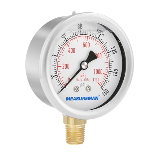 2-1/2inch Dial Size, Oil Filled Pressure Gauge, 0-160psi/kpa, 304 Stainless Steel Case, 1/4inchNPT Lower Mount
