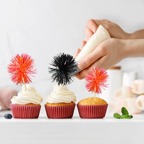 30Pcs Foil Firework Cupcake Toppers Sparkle Tinsel Cake Toppers Tinsel Drink Cake Decoration Cocktail Picks for Birthday Wedding Graduation Party Supplies Black Orange (30 Count)