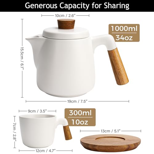 34 Oz Ceramic Tea Pot Set with Infuser and Cups