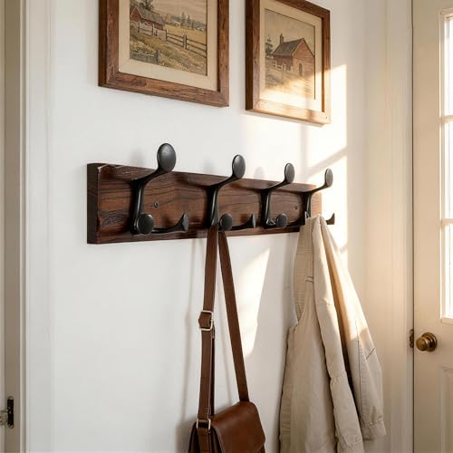 24 Inch Walnut Wood Coat Rack Wall Mount with 4 Triple Hooks