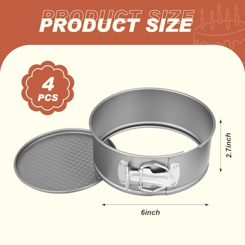 4 Pcs 6 Inch Non Stick Springform Pan with Removable Bottom Carbon Steel Round Springform Cheesecake Pan with Stainless Steel Spring Buckles for Baking Kitchens Restaurant (4 Count)