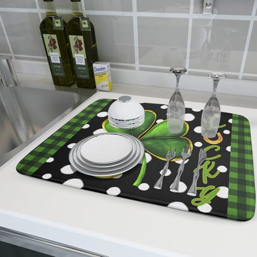 St. Patrick's Day Dish Drying Mats 18x24 Inch Green Clover Shamrock Lucky Kitchen Mat Polka Dot Microfiber Drying Mats Ultra Absorbent Reversible Dishes Drying Rack Pad for Kitchen Countertops