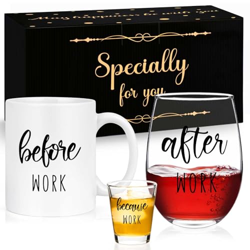Before Work After Work Gift Set 11oz Coffee Mug 17oz Stemless Wine Glass 2oz Shot Glass Set for Boss Coworker Manger Leader Employee