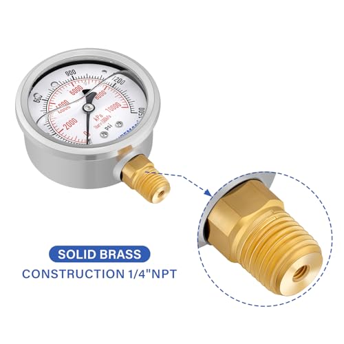 2-1/2" Dial Size, Glycerin Filled Pressure Gauge, 0-1500psi/kpa, 304 Stainless Steel Case, 1/4" NPT Lower Mount