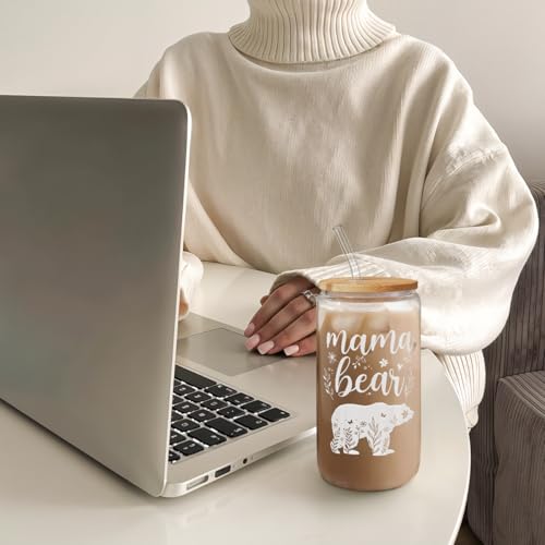 Mom Gifts Mama Bear 16 Oz Can Glass Tumbler with Bamboo Lid and Straw