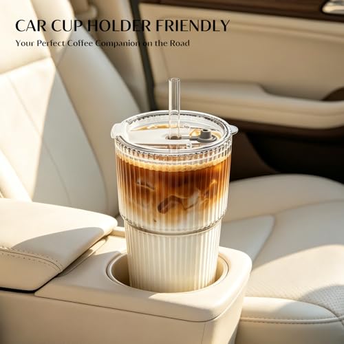 20 oz Ribbed Glass Tumblers with Lids and Glass Straws