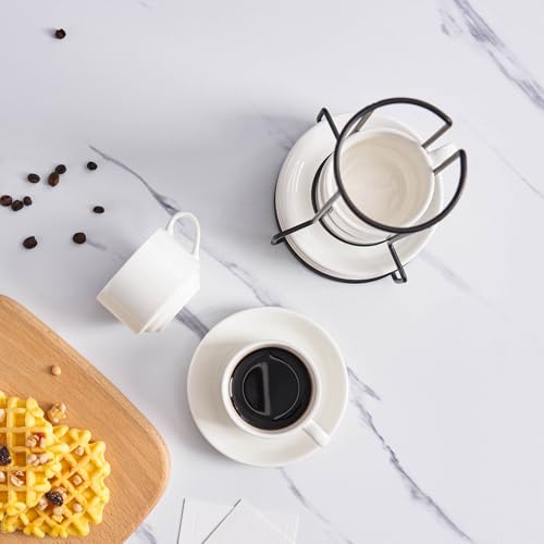 2.5 OZ Stackable Porcelain Espresso Cups with Saucers Set (4 Count)