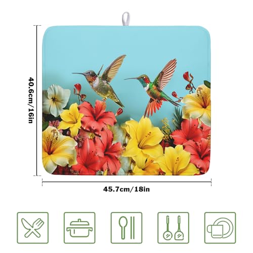 Hummingbirds Floral Dish Drying Mat for Kitchen Counter 16x18 In Hibiscus Tropical Drying Mat Farmhouse Fast Dry Absorbent Microfiber Dish Drainer Rack Pad for Countertop Decor