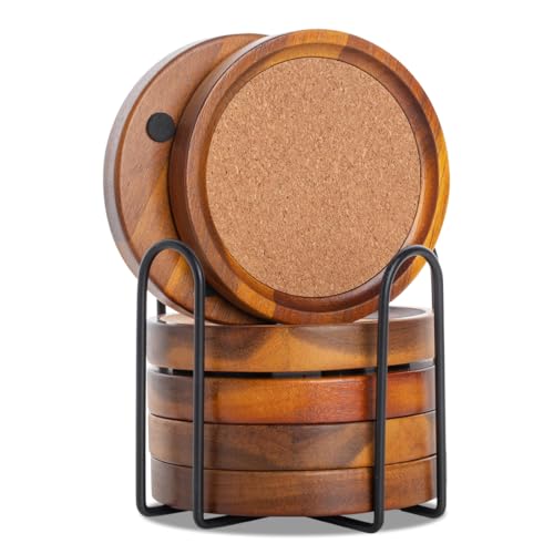Acacia Wood Cork Coasters with Holder (6 Count)