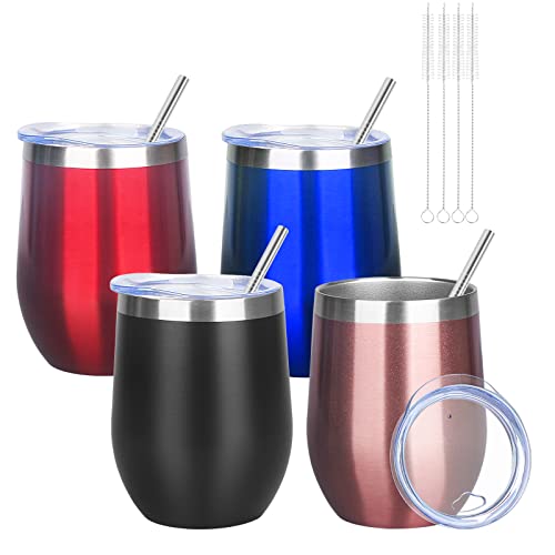 12oz 4 Pack Wine Tumbler Glasses with Lid Stemless Double Wall Vacuum Stainless Steel Travel Tumbler Keeping Cold & Hot for Wine