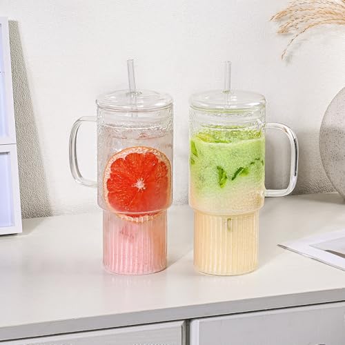 32oz Glass Cups with Handle Lids and Straws