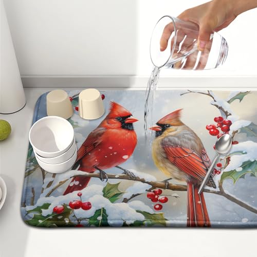 Winter Cardinal Birds Dish Drying Mat