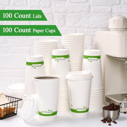 100 Count 16 oz Compostable Paper Coffee Cups with CPLA Lid