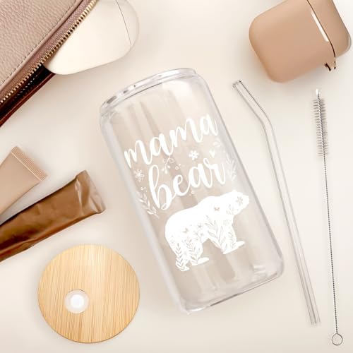 Mom Gifts Mama Bear 16 Oz Can Glass Tumbler with Bamboo Lid and Straw