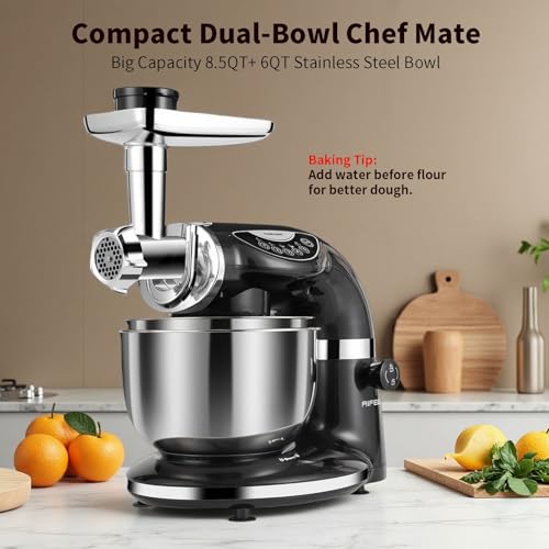 Stand Mixer 8.5QT+ 6QT Two Stainless Steel Bowls Electric Food Mixer Black