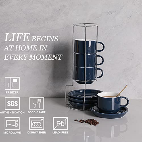 Sweejar Porcelain Cappuccino Cups with Saucers and Metal Stand (4 Count)