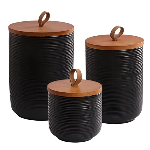 Food Storage Jar Strong Ceramic Storage Canisters with Airtight Wooden Lid (3 Count)
