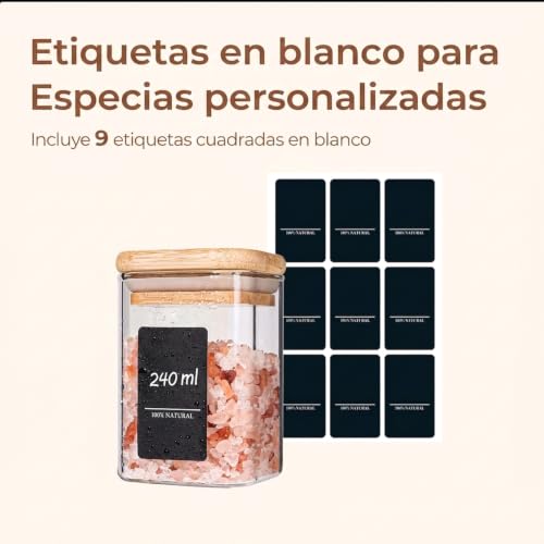 Glass Spice Jars with Labels 8 oz 6 Pack Square Bamboo Lids (6 Count)