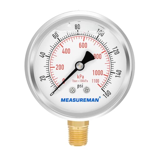 2-1/2inch Dial Size, Oil Filled Pressure Gauge, 0-160psi/kpa, 304 Stainless Steel Case, 1/4inchNPT Lower Mount