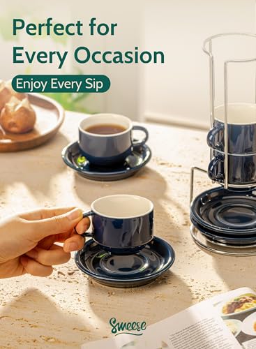 2.5 Ounce Porcelain Stackable Espresso Cups with Saucers and Metal Stand Set of 4