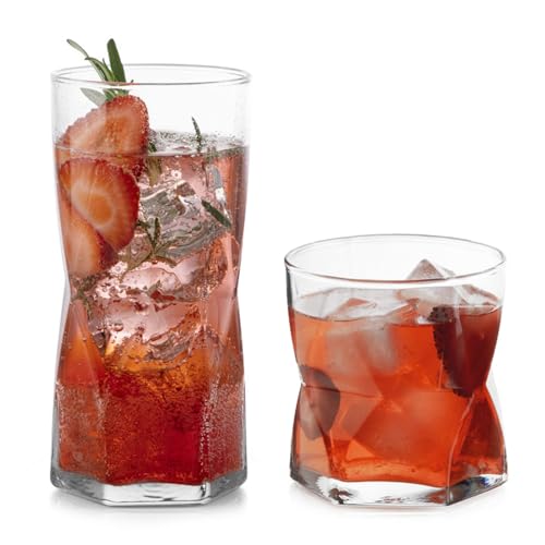 Rhombus Tumbler and Rocks Drinking Glasses Set of 16 (16 Count)