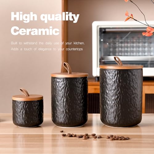 Black Stone Ceramic Canister with Bamboo Lid (3 Count)