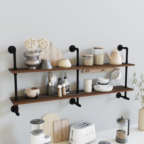 Industrial Pipe Wall Shelves Pipe Shelving with Real Wood Plank 60 Inches