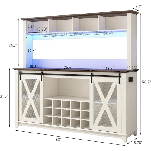 63"Wide 58"H Farmhouse Coffee Bar Cabinet with Power Outlet and LED Light