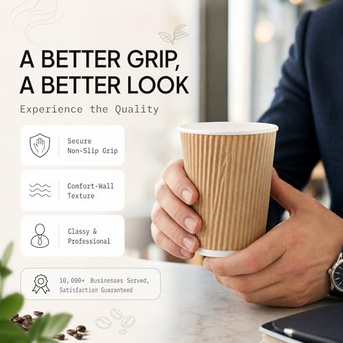 150 10 oz Ripple Kraft Paper Cups Brown Hot Cold Cups 3 Layer Rippled Small Insulated Disposable Coffee Cups for Cappuccino Hot Cocoa or Iced Drinks (150 Count)