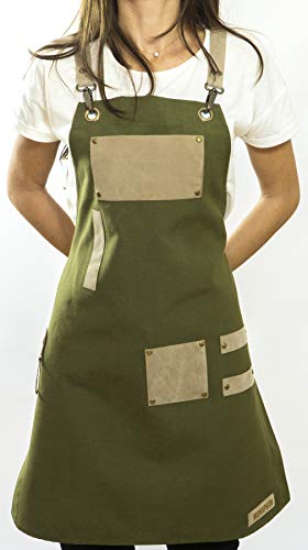 Chef Unisex Waterproof Gardening Apron for Women Men Barista Barbers Hairdresser Crossback Adjustable Cotton Canvas Green