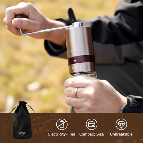 Gold Manual Coffee Grinder Stainless Steel Burr Coffee Grinder with Portable Bag External Adjustable Setting Small Hand Coffee Grinder Ultra Fine for Espresso at Home Morning Coffee