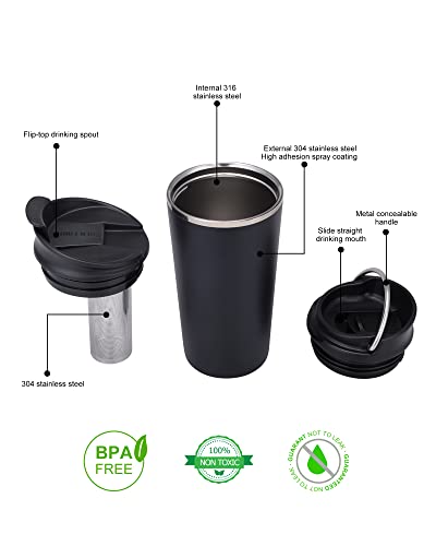 17oz Travel Mug with Infuser and Two Lids. Vacuum Insulated 316 Stainless Steel Coffee Mug. Dishwasher Safe Mug with Tea Strainer for Hot and Cold Brew Coffee or Tea