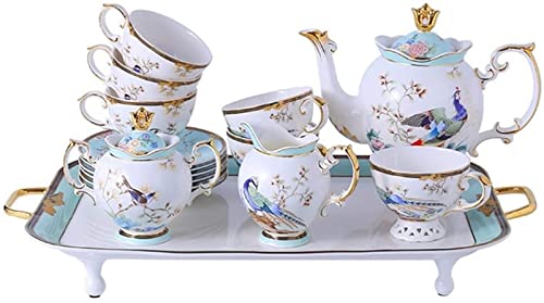 Chinese Light Luxury Afternoon Tea Tea Set teapot Ethnic feng Shui Set Bone China Coffee Cup Set Coffee Set with Tray Housewarming Gift (A)