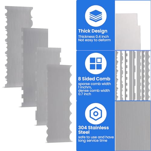 4 Pieces Stainless Steel Cake Scraper 10 Inch and Sided Patterned Edge Stripe Edge Smoother Scraper Cake Decorating Comb Cake Pastry Cutter for Mousse Butter Cream Cake Decoration (4 Count)