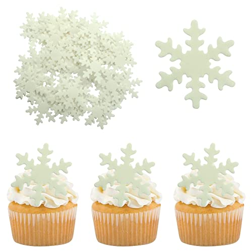 50Pcs White Edible Cupcake Toppers Snowflakes Cake Decoration for Christmas Winter Frozen Birthday Party Supplies (50 Count)