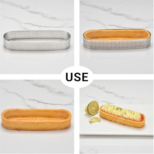 Oval Tart Ring 304 Stainless Steel 6pcs Thickened Perforated Pastry Cake Ring Mold for Baking Nonstick Fruit Tarte Crust Tools (6 Count)